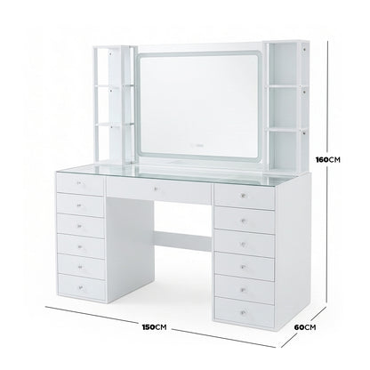 White vanity table with backlit mirror and dimension callouts on white background