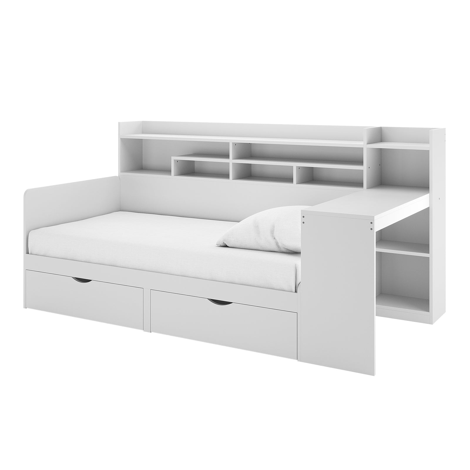 Hally Storage Single Bed with Desk and Drawers in White, featuring a daybed frame with shelving headboard, pull-out drawers, attached side desk, and cubby shelves, showcasing a smart space-saving design.