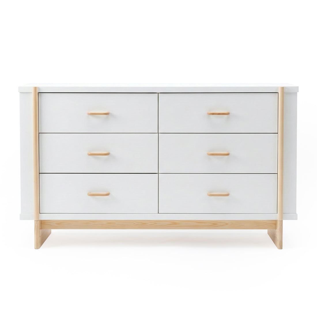 Minimalist six-drawer dresser with white finish and light wood accents on a white background