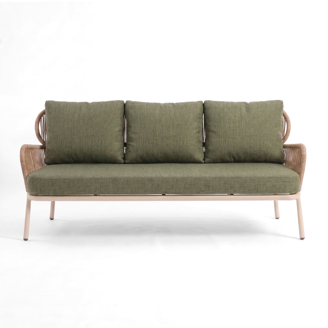 Three-seater sofa with olive-green cushions on a white background