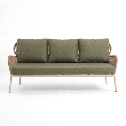 Three-seater sofa with olive-green cushions on a white background