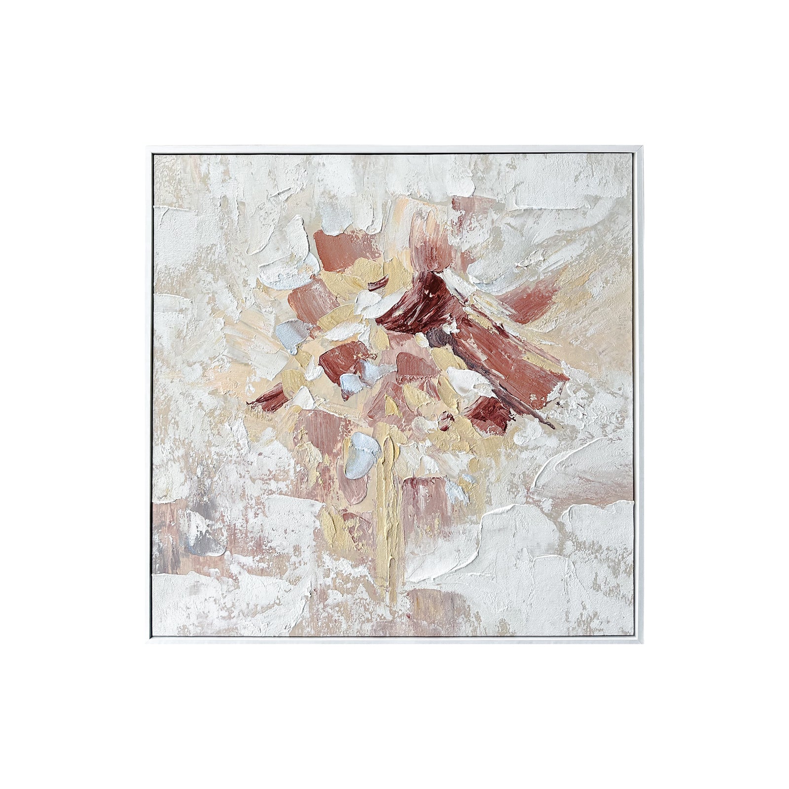 Bloom Framed Canvas Wall Art 105 x 105cm in White features textured abstract strokes in creams and beiges, framed in a slim white frame, offering a modern, gallery-like aesthetic.
