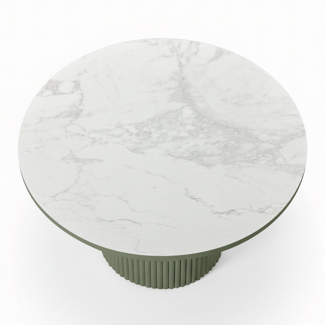 Evone Aluminium Outdoor Dining Table in Green features a round, white-marble-look tabletop with light gray veining, supported by a green, ribbed cylindrical pedestal base, ideal for stylish outdoor dining.