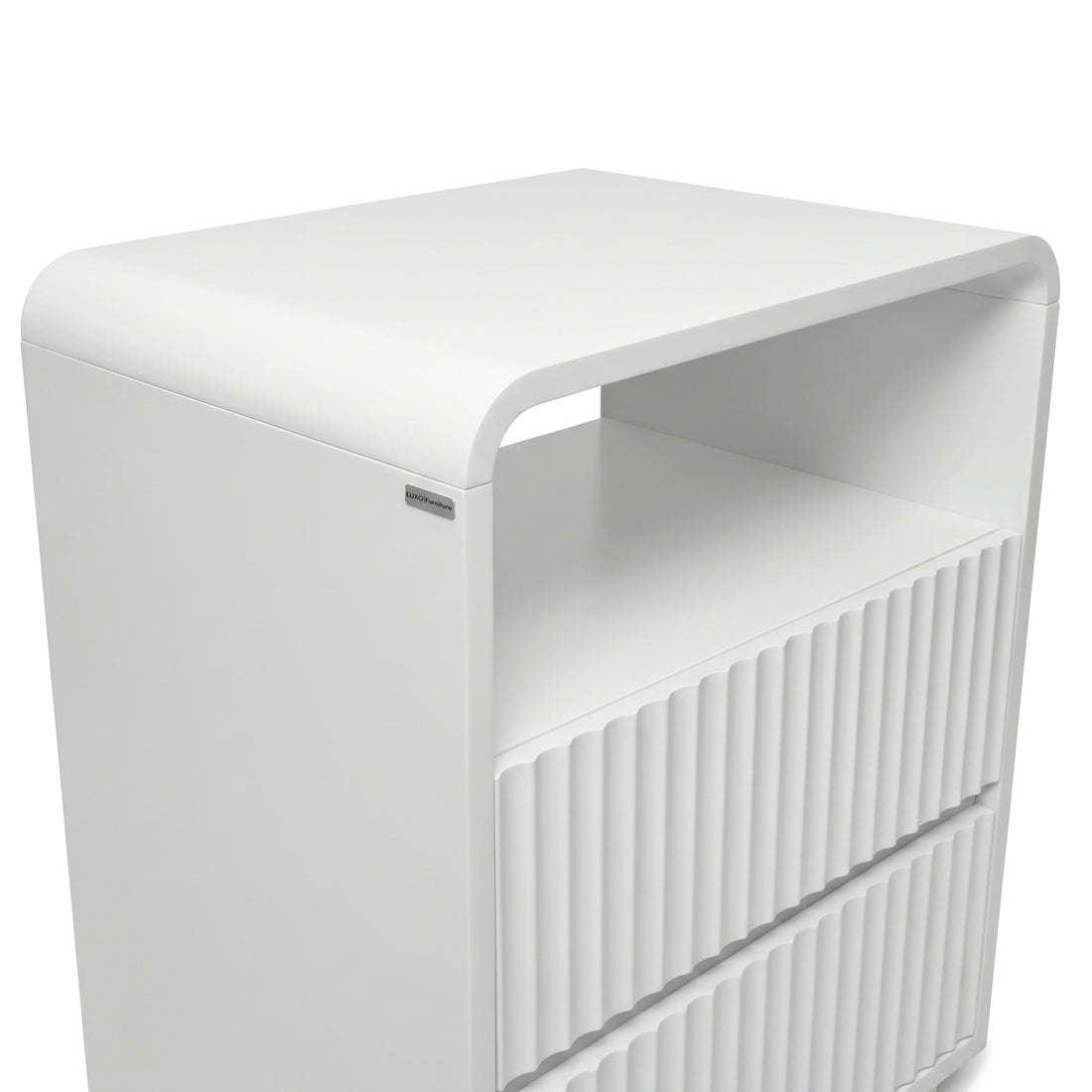 Sleek white nightstand on a white background with a rounded top and textured drawers, slightly cropped at the bottom.