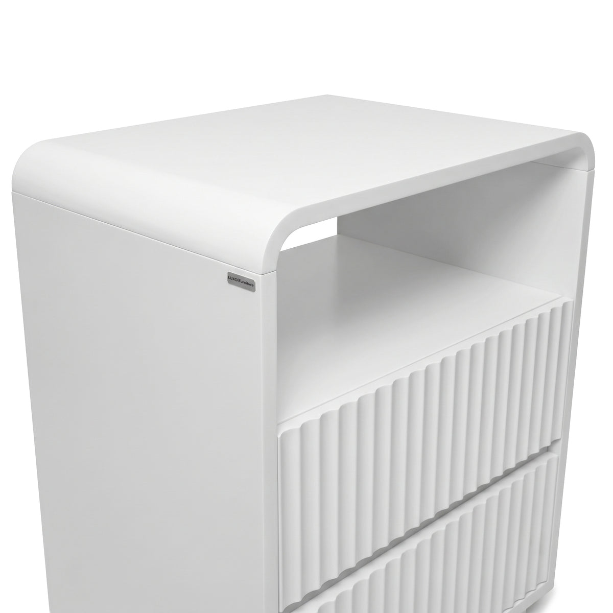 Sleek white nightstand on a white background with a rounded top and textured drawers, slightly cropped at the bottom.