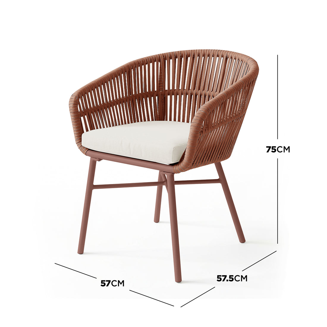 Marula Rope Outdoor Dining Chair features a rattan-look rope on a metal frame with an off-white cushion, angled legs, showcasing dimensions: 57 cm deep, 57.5 cm wide, 75 cm tall.