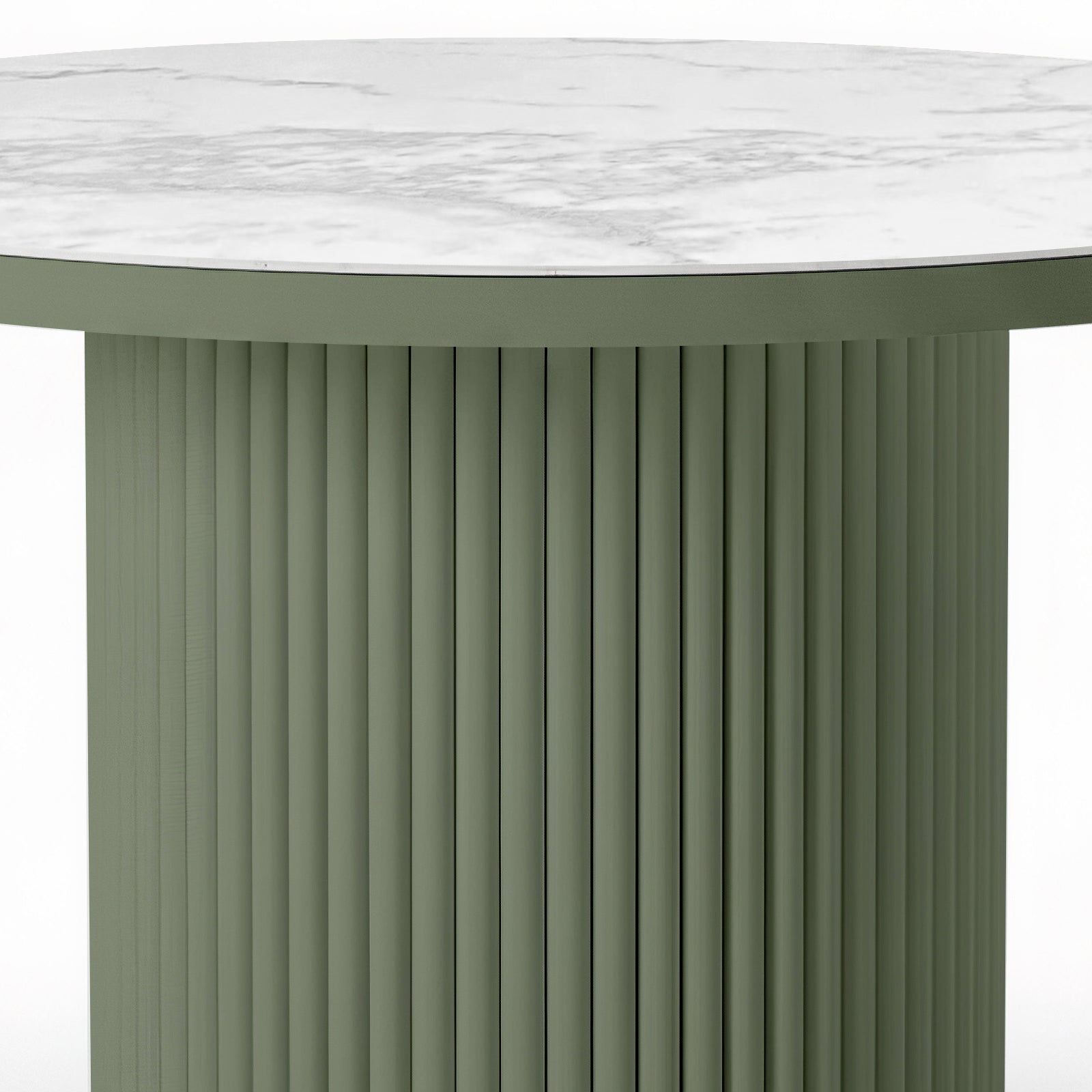 Evone Aluminium Outdoor Dining Table in Green, featuring a round, fluted, cylindrical base with a white, marble-look tabletop showcasing subtle gray veining, designed for outdoor durability and style.
