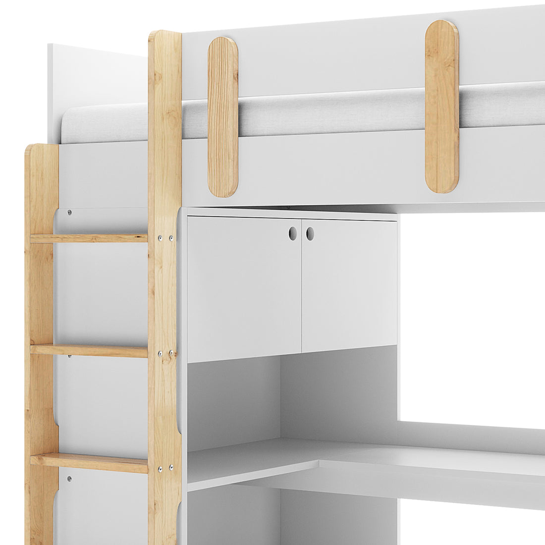 Hann Kids Single Loft Bed Desk Storage in White and Natural, featuring an elevated sleeping platform with a wooden ladder, safety rails, built-in cabinet, and corner desk workspace below.