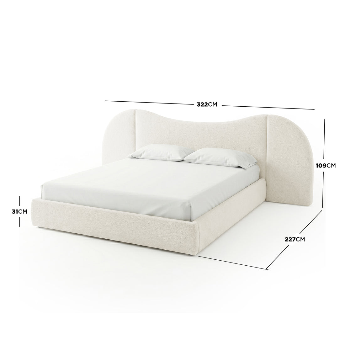 Upholstered bed on white background with overlaid dimension lines and measurements