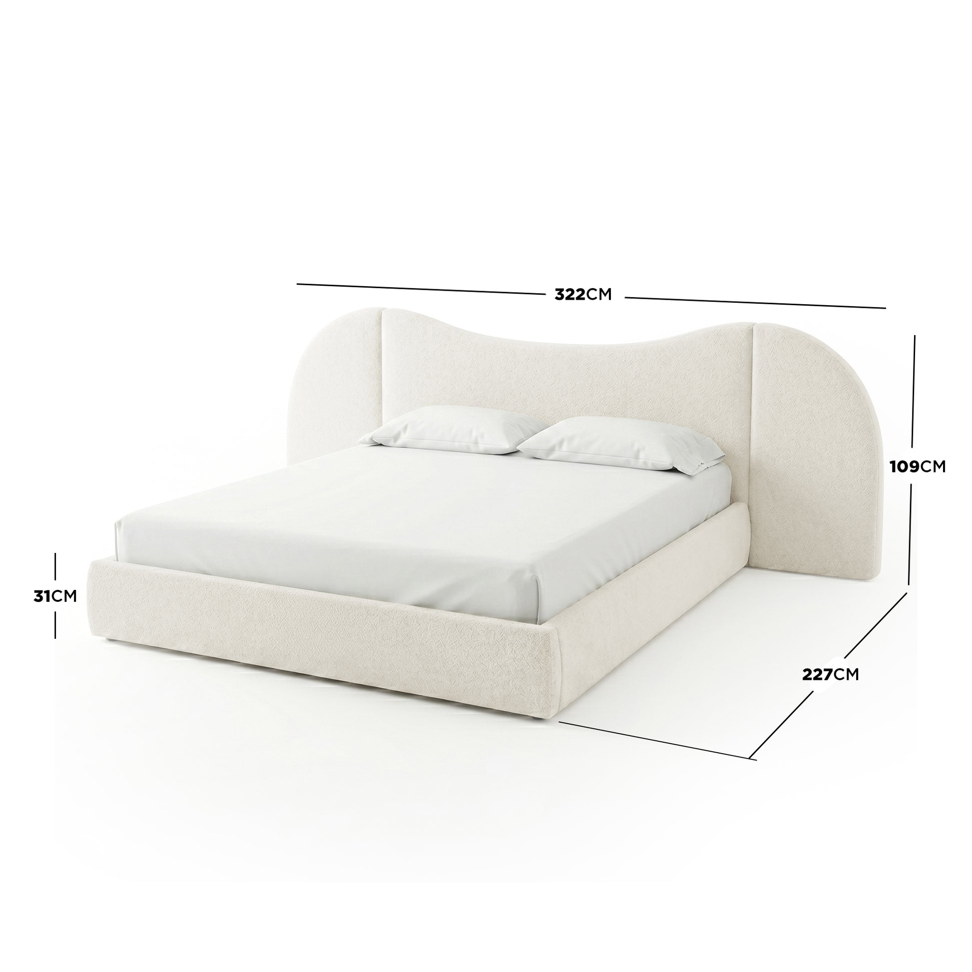Upholstered bed on white background with overlaid dimension lines and measurements