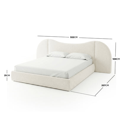 Upholstered bed on white background with overlaid dimension lines and measurements