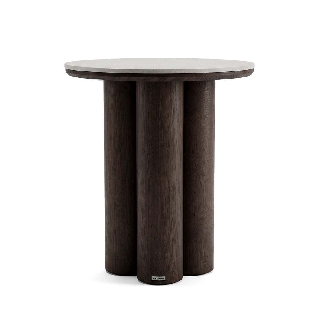 Round dark wood side table with three cylindrical legs on a white background