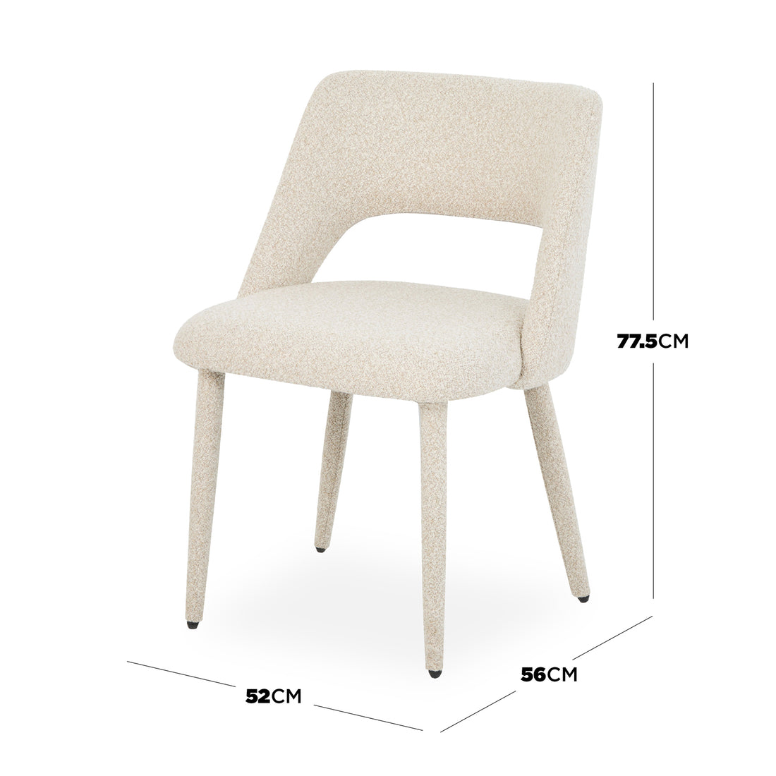 Chair with dimension lines and measurements on white background