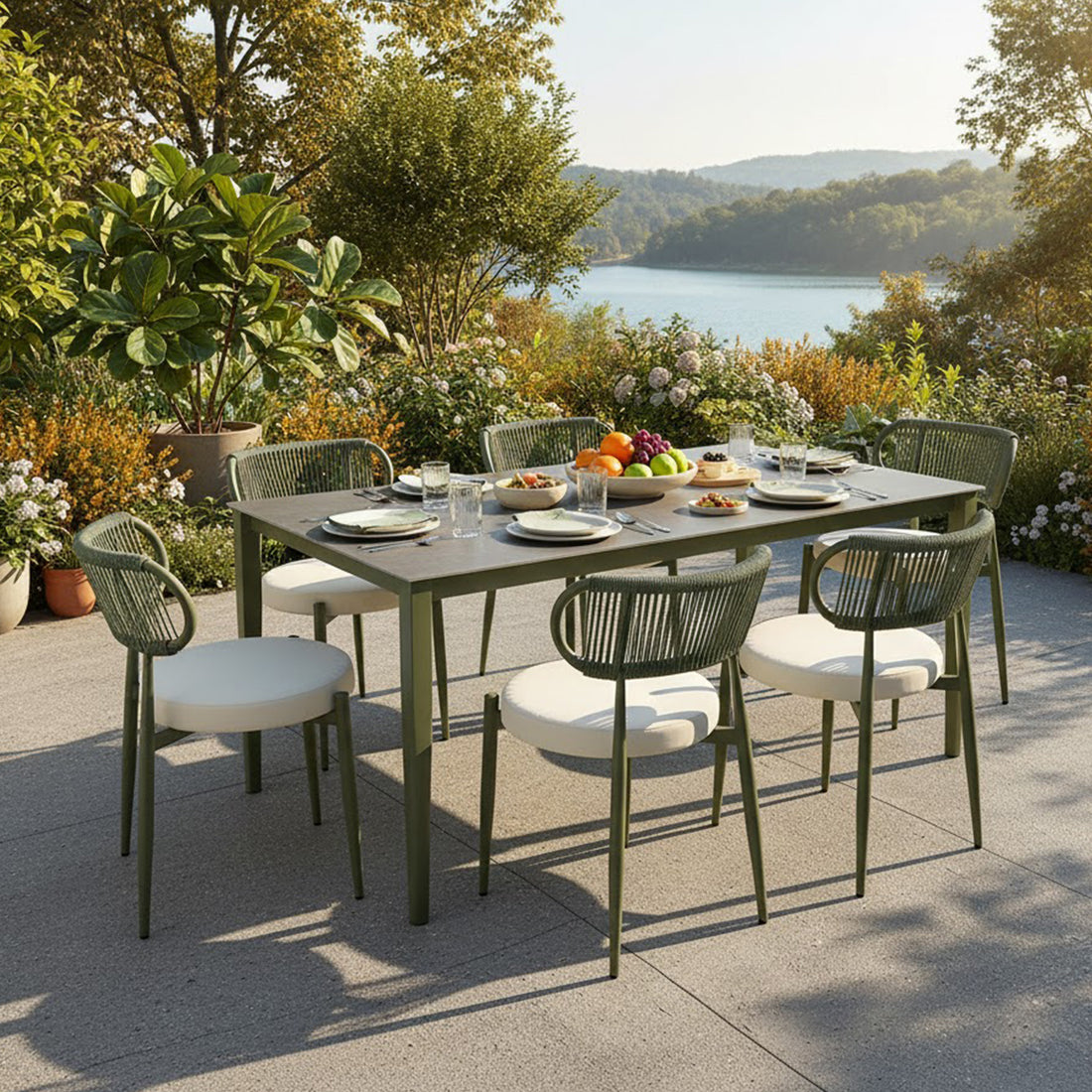 Cabria 7 Piece Sintered Stone Outdoor Dining Set in Green: Rectangular table with slatted top, six matching chairs with woven backrests, set for dining amidst lush plants and a scenic lake view.