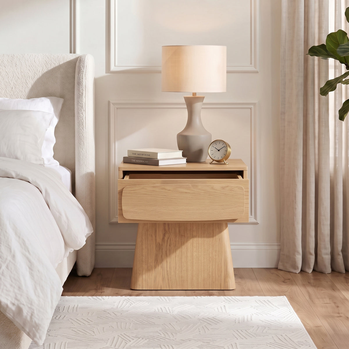 Wooden nightstand in a bright bedroom setting