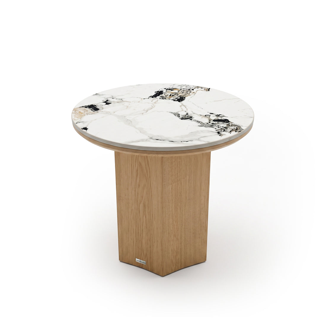Modern round table with marble-look top and light wood pedestal base on a white background