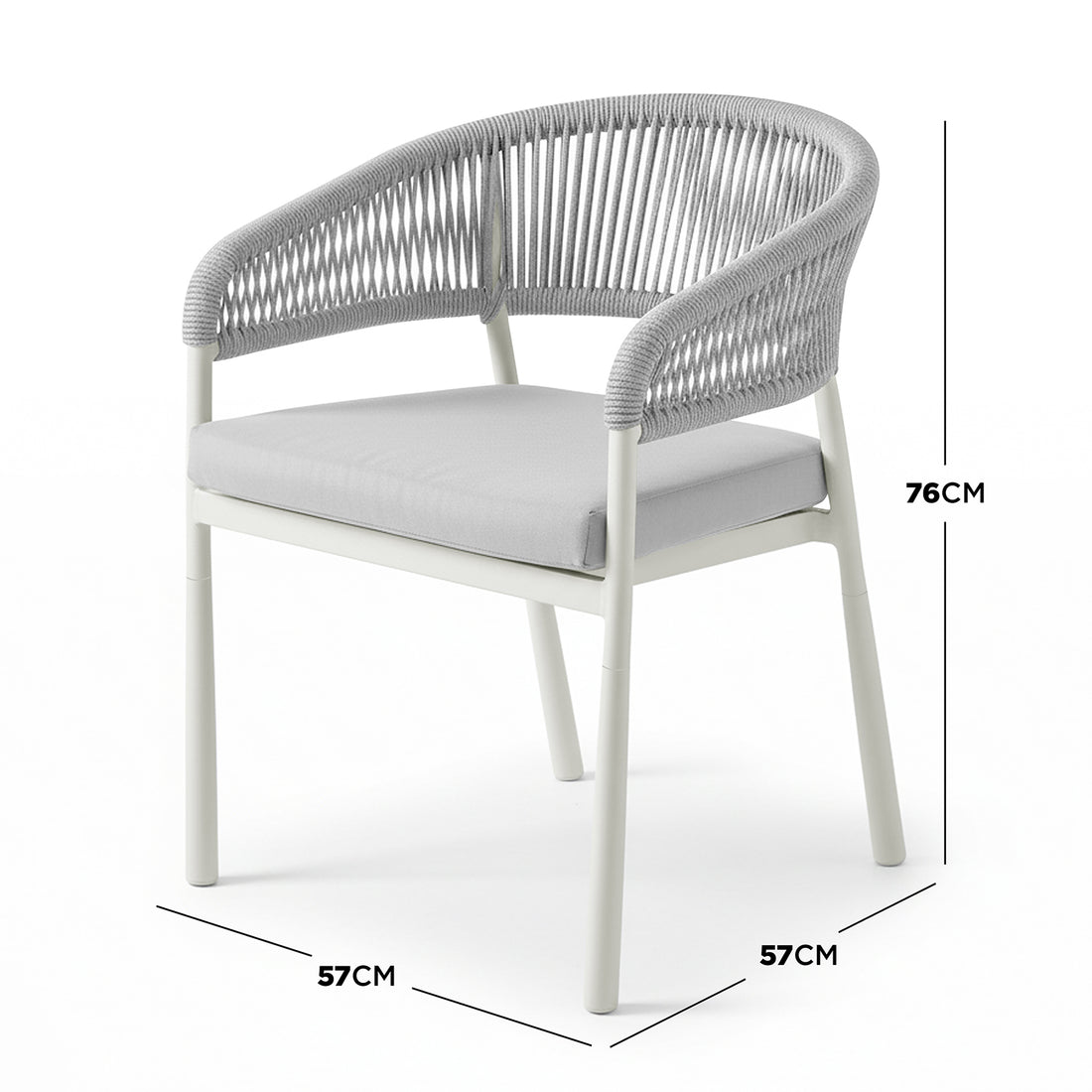 Coastal Outdoor Rope Dining Chairs Set of 2 in White feature a tubular-metal frame with woven rope armrests and backrest, removable seat cushions, measuring 57cm wide, 57cm deep, and 76cm high.