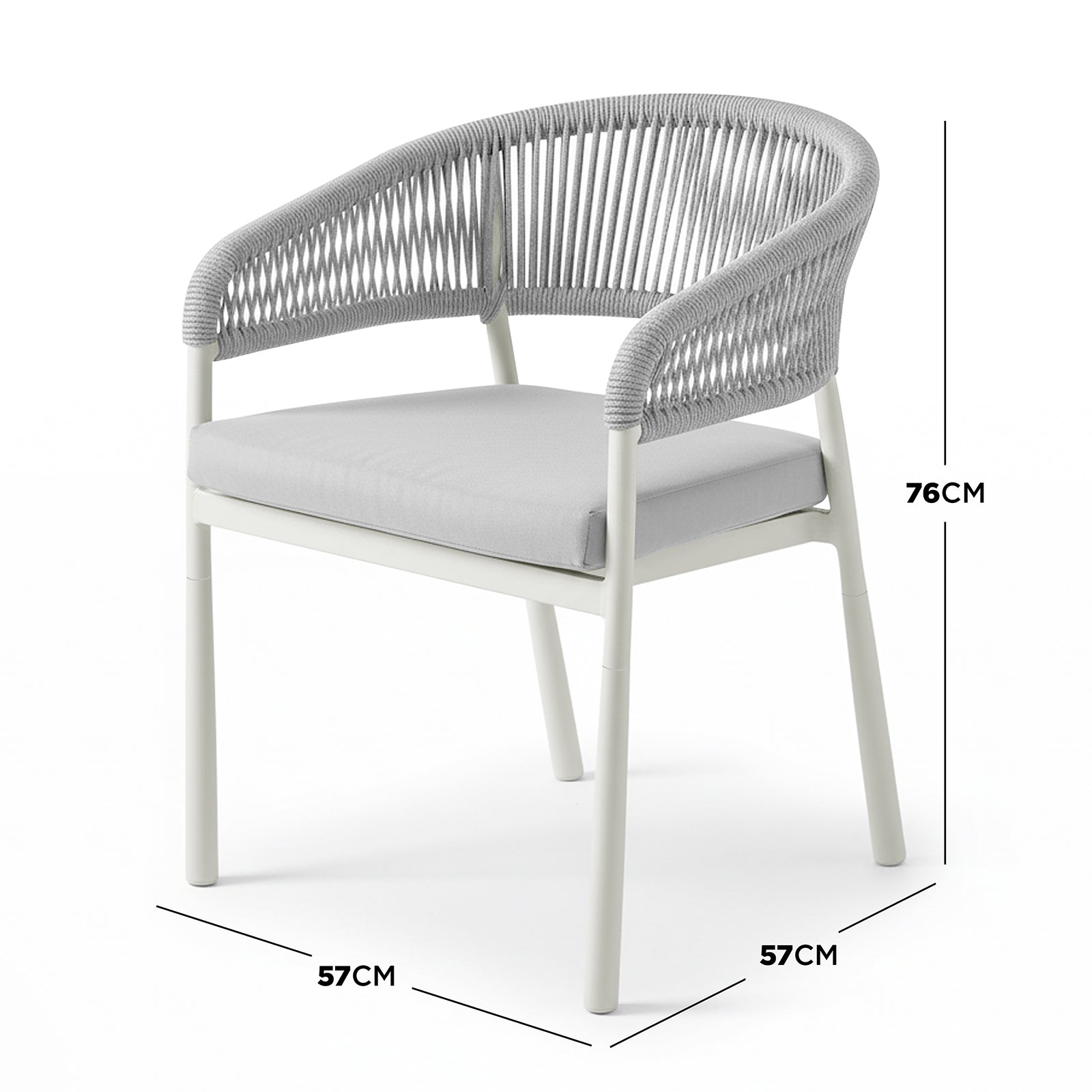 Coastal Outdoor Rope Dining Chairs Set of 2 in White feature a tubular-metal frame with woven rope armrests and backrest, removable seat cushions, measuring 57cm wide, 57cm deep, and 76cm high.