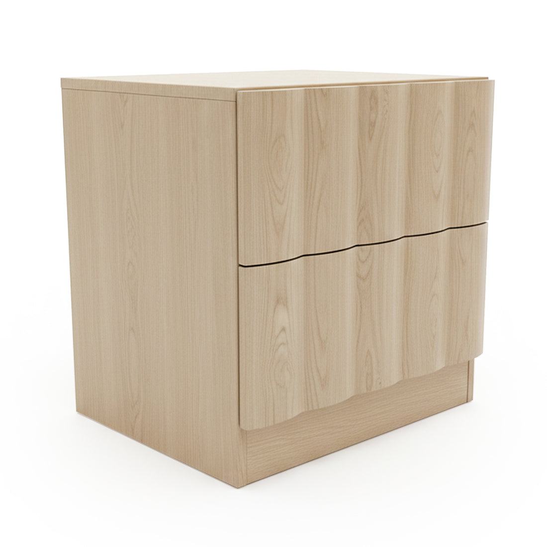 Minimalist light wood nightstand with two drawers on white background