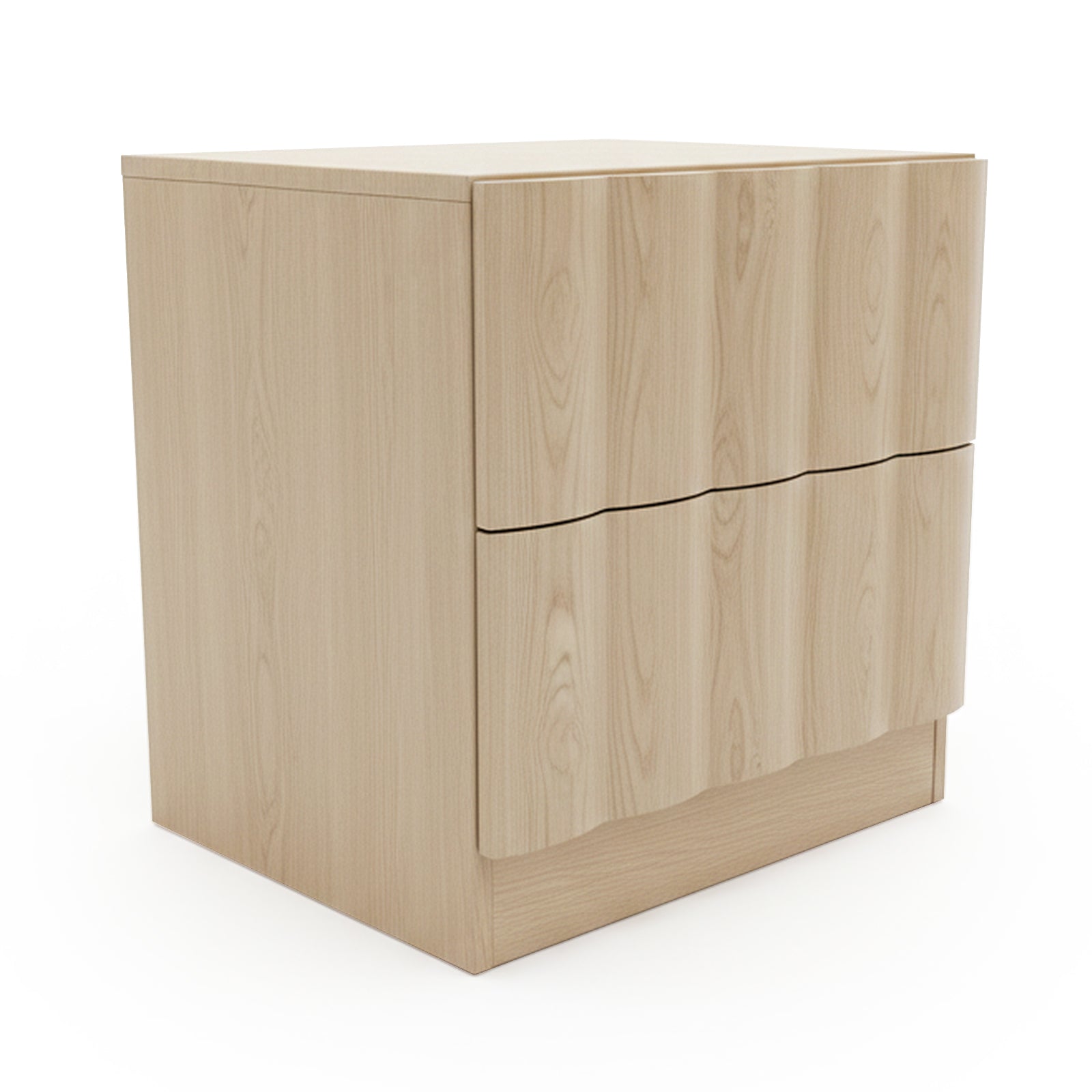 Minimalist light wood nightstand with two drawers on white background