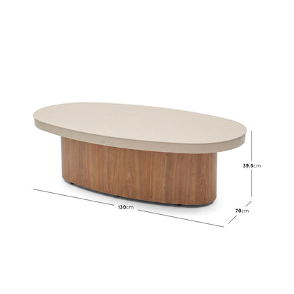 Oval beige coffee table with dimension lines showing length width and height
