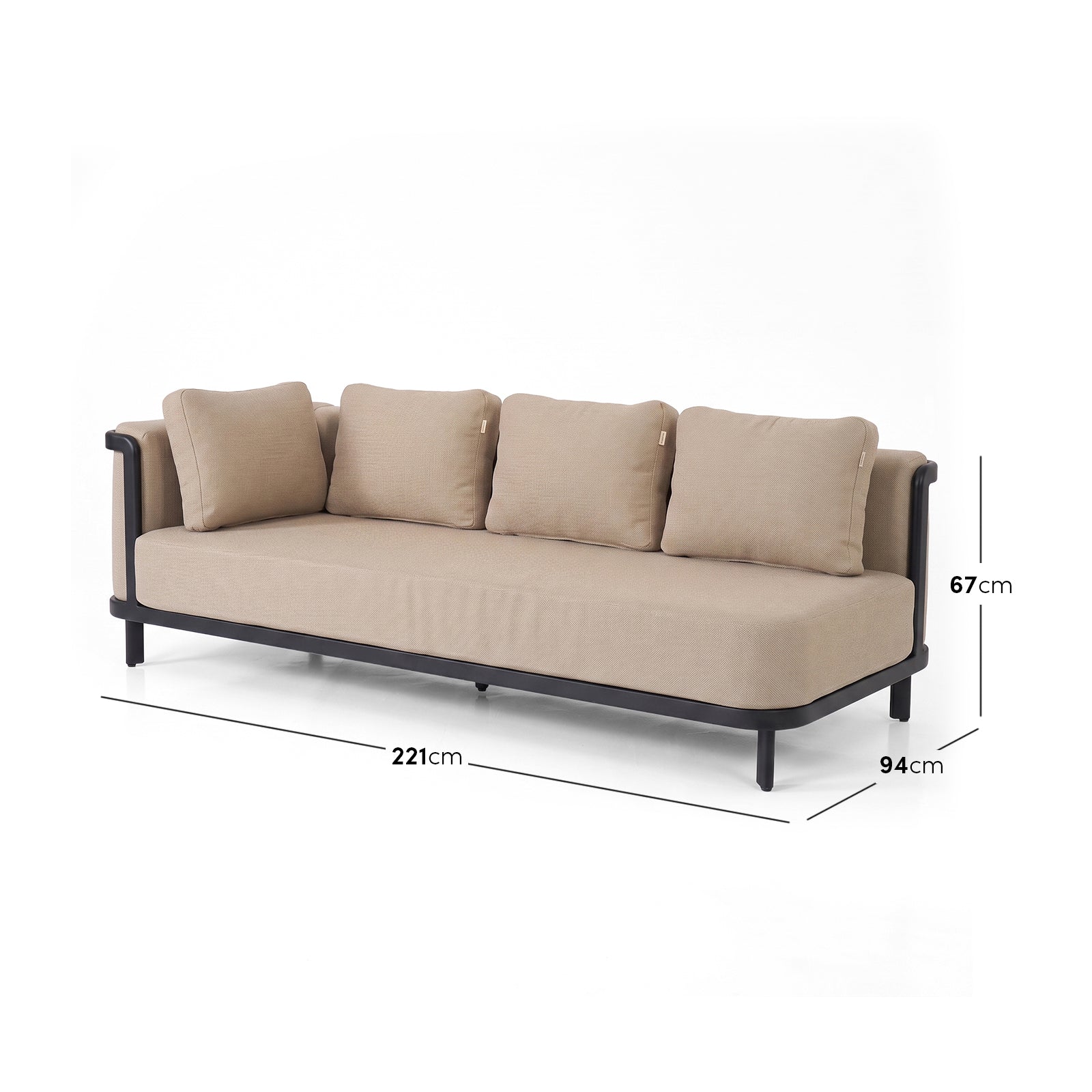 Modern beige sofa on white background with dimension lines showing width, depth, and height.