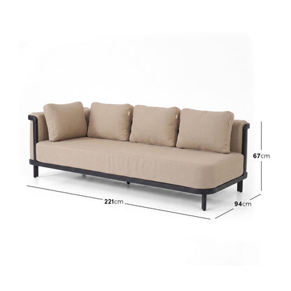 Modern beige sofa on white background with dimension lines showing width, depth, and height.