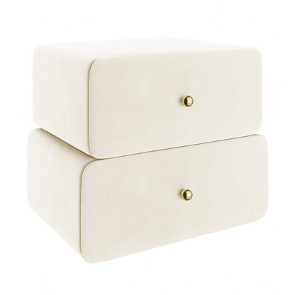 Luxo Tyla Modern Velvet Bedside Table Beige features stackable, cream storage drawers with round gold knobs, rounded corners, and a sleek, minimal design, perfect for compact spaces.