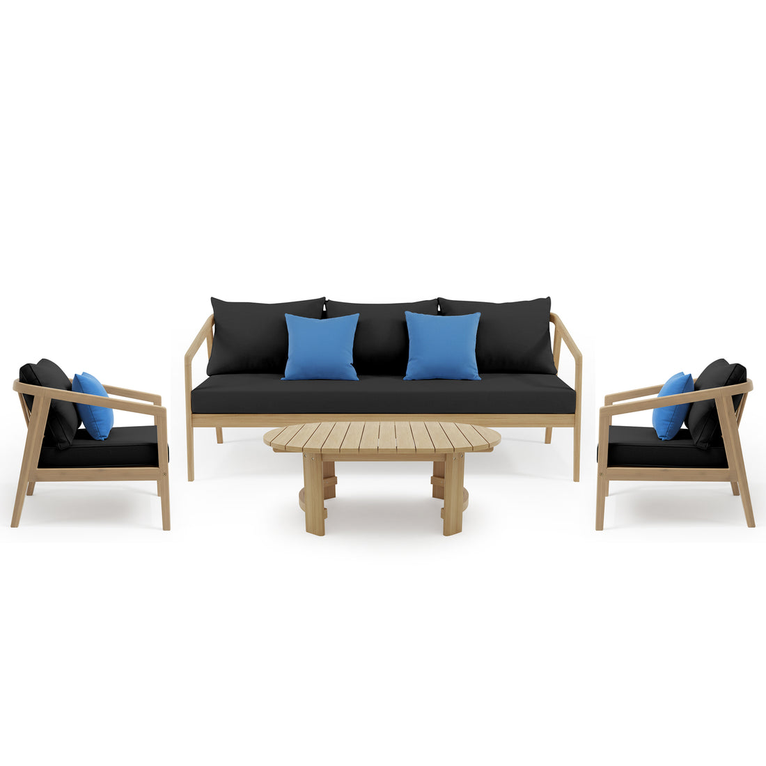 Delva 4 Seater Hardwood Acacia Outdoor Sofa Set in Black features a three-seat sofa, two matching armchairs with blue throw pillows, and a slatted wood coffee table, creating a modern lounge arrangement.