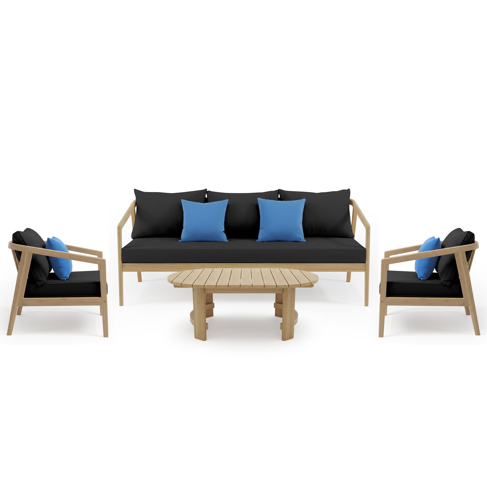 Delva 4 Seater Hardwood Acacia Outdoor Sofa Set in Black features a three-seat sofa, two matching armchairs with blue throw pillows, and a slatted wood coffee table, creating a modern lounge arrangement.