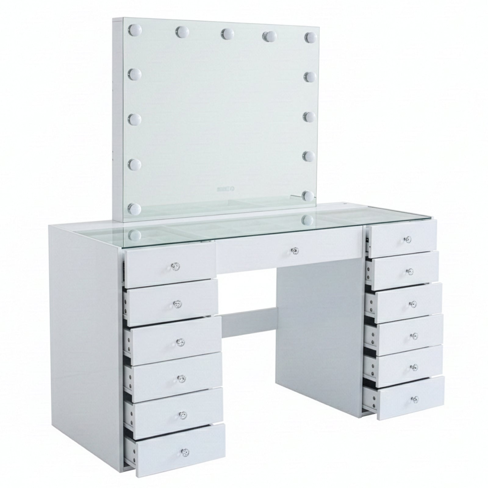 White vanity table with partially open drawers and illuminated mirror on white background