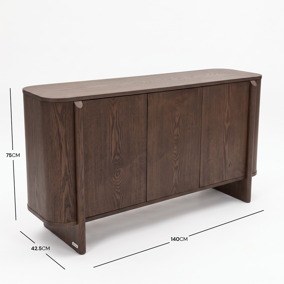 Dark wood sideboard on white background with height, width, and depth measurements