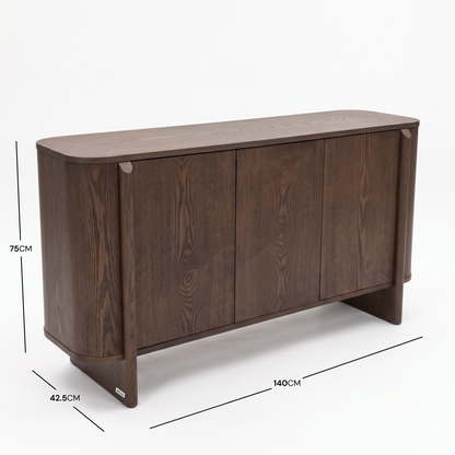 Dark wood sideboard on white background with height, width, and depth measurements