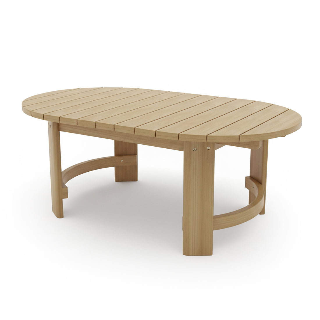 Delva 4 Seater Hardwood Acacia Outdoor Sofa Set in Cream features a low, oval-shaped, light wood coffee table with slatted top, straight legs, and curved stretchers, complementing the cozy seating arrangement.