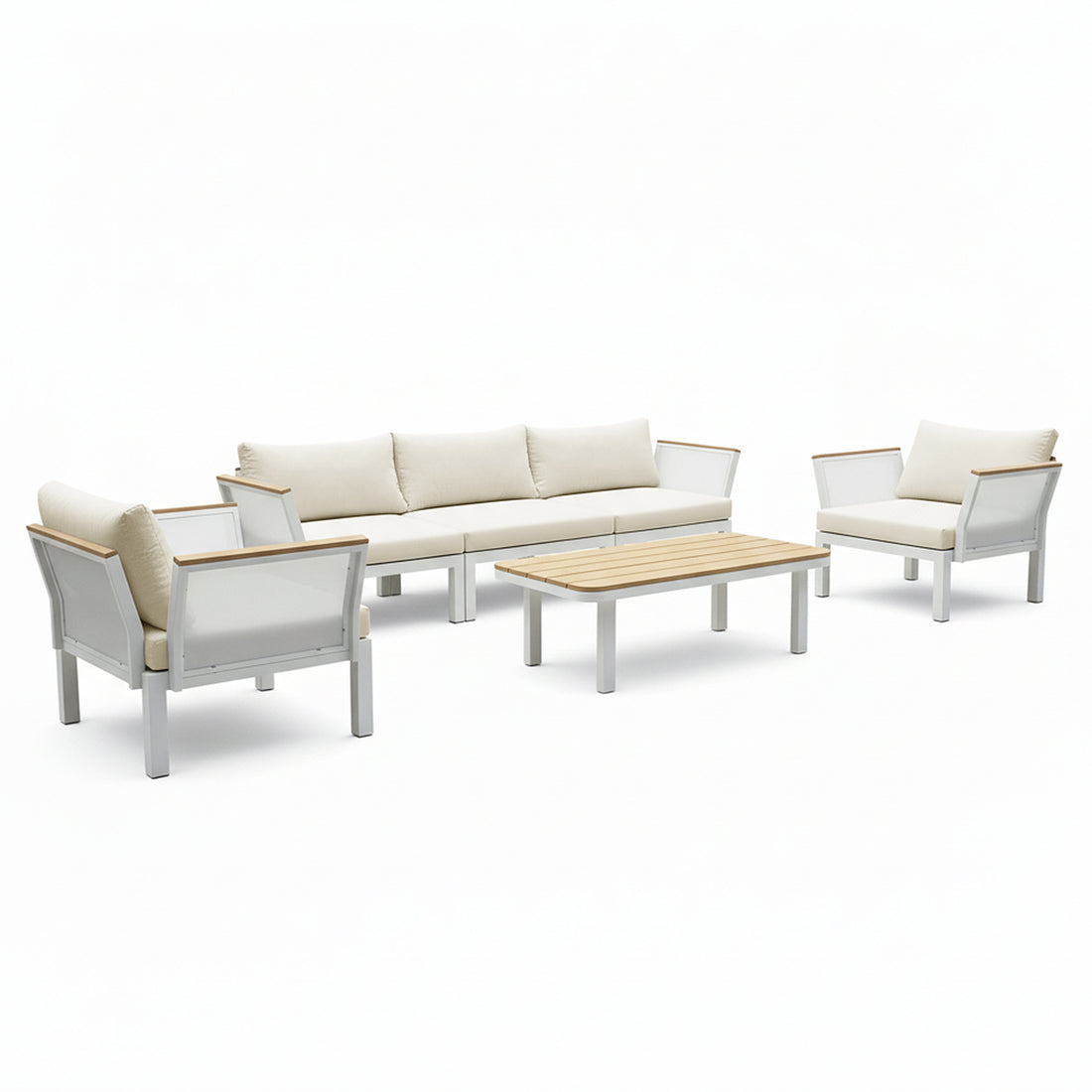 Sierra Outdoor Lounge Set in Beige featuring a three-seat sofa, two armchairs with plush cushions, and a low coffee table, all on a sleek white metal frame against a plain background.
