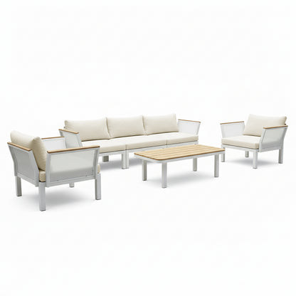 Sierra Outdoor Lounge Set in Beige featuring a three-seat sofa, two armchairs with plush cushions, and a low coffee table, all on a sleek white metal frame against a plain background.