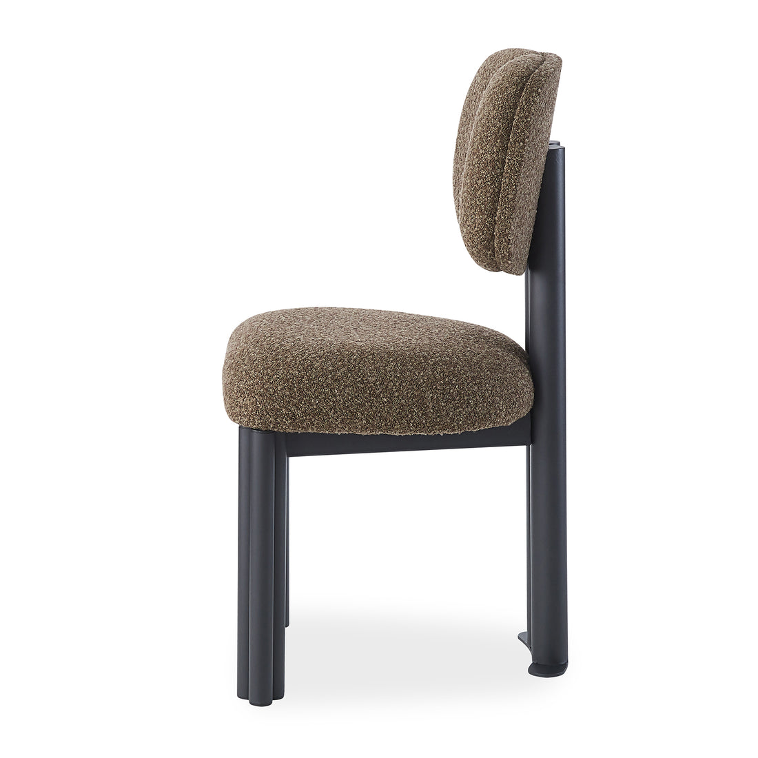 Norii Boucle Fabric Dining Chair in profile, featuring a tubular black-metal frame, thick boucle-upholstered seat, and rounded back cushion.