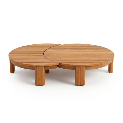 Two-part round wooden coffee table set with slatted tops on a white background.