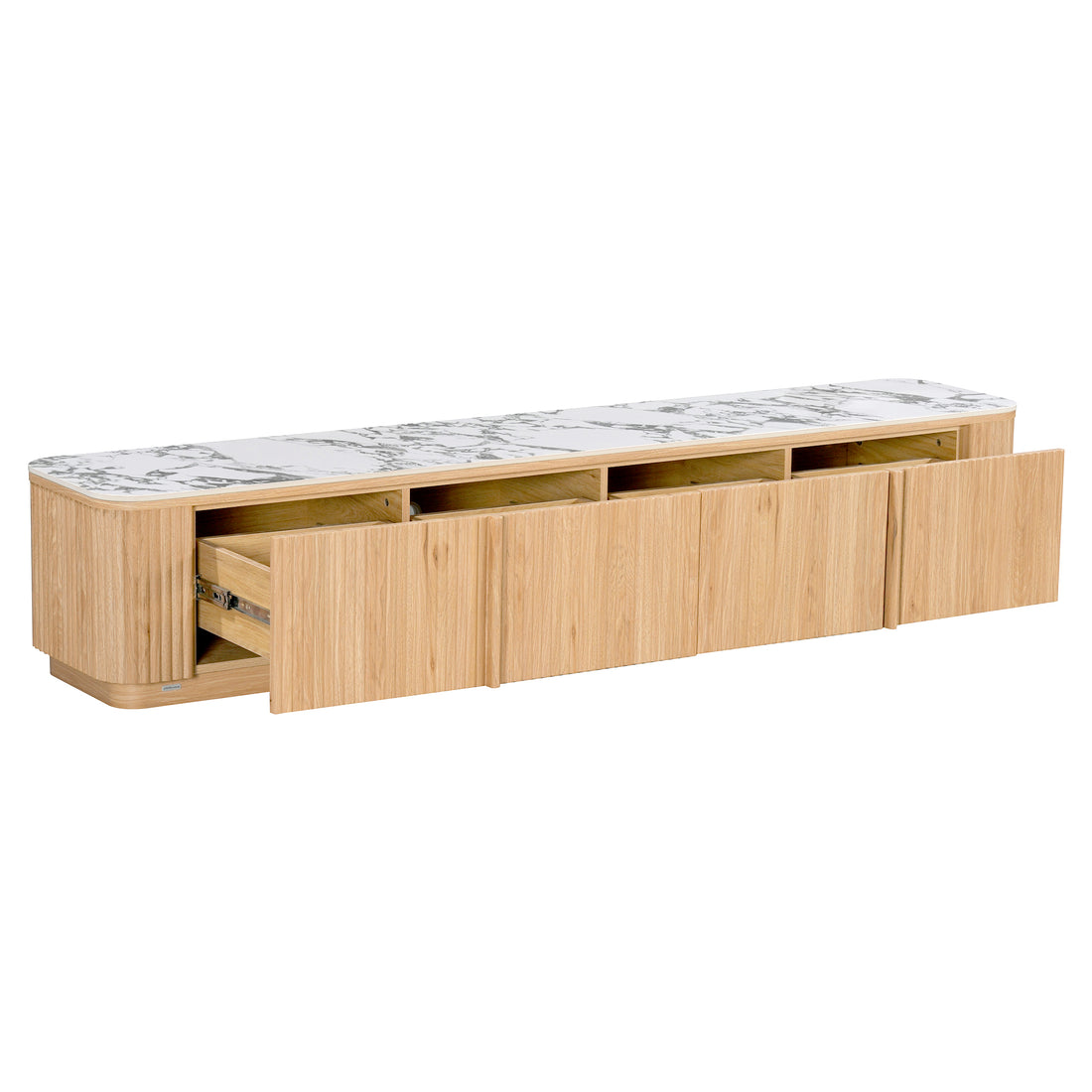 Wood TV console with marble-patterned top, open drawer, and open compartments on white background