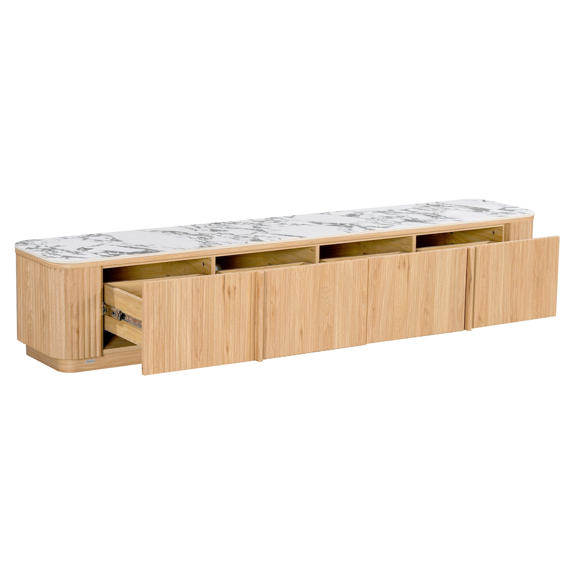 Wood TV console with marble-patterned top, open drawer, and open compartments on white background