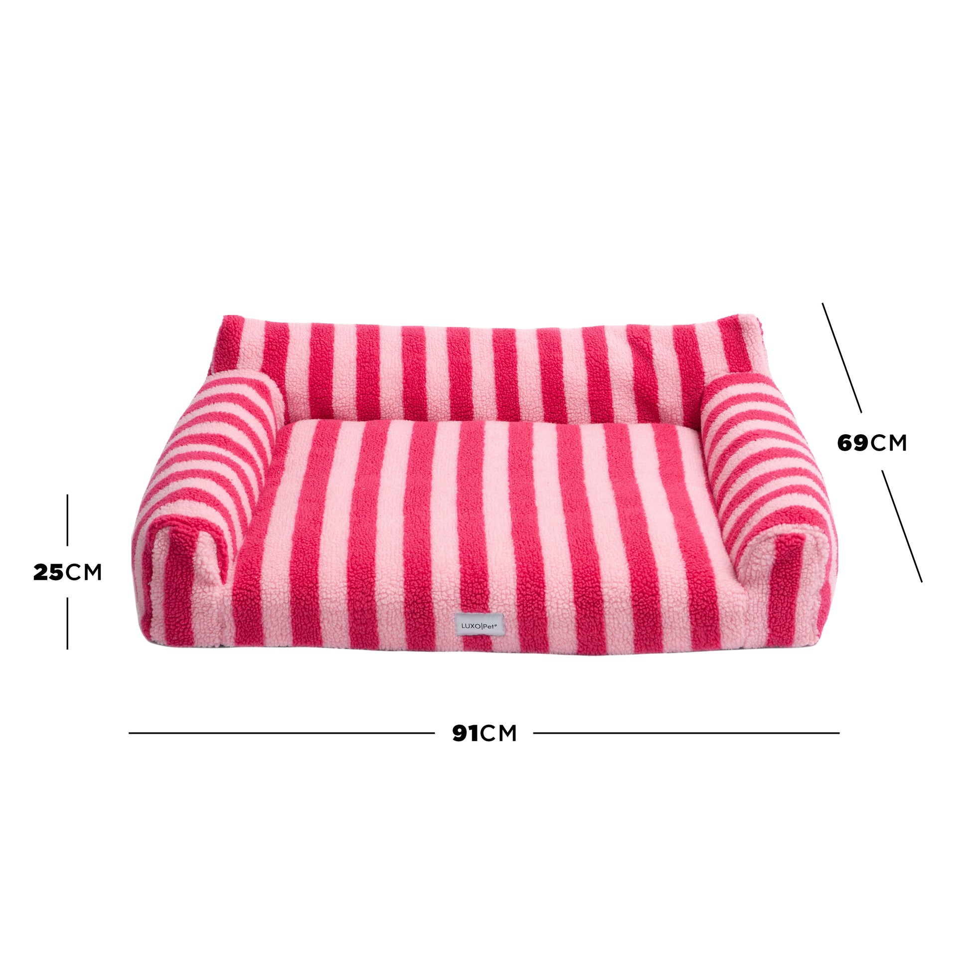 Pink striped pet bed on white background with arrows and labels showing height 25 cm, width 91 cm, depth 69 cm
