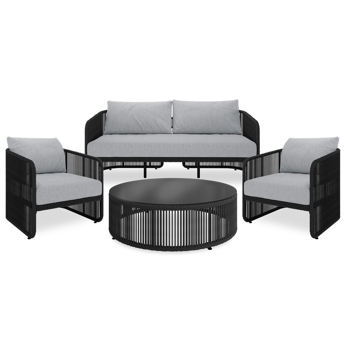 Solari 4 Seater Wicker Outdoor Sofa Set in Black features a sleek three-seat sofa, two matching armchairs with gray cushions, and a round coffee table with a black metal top and rope-slatted base.