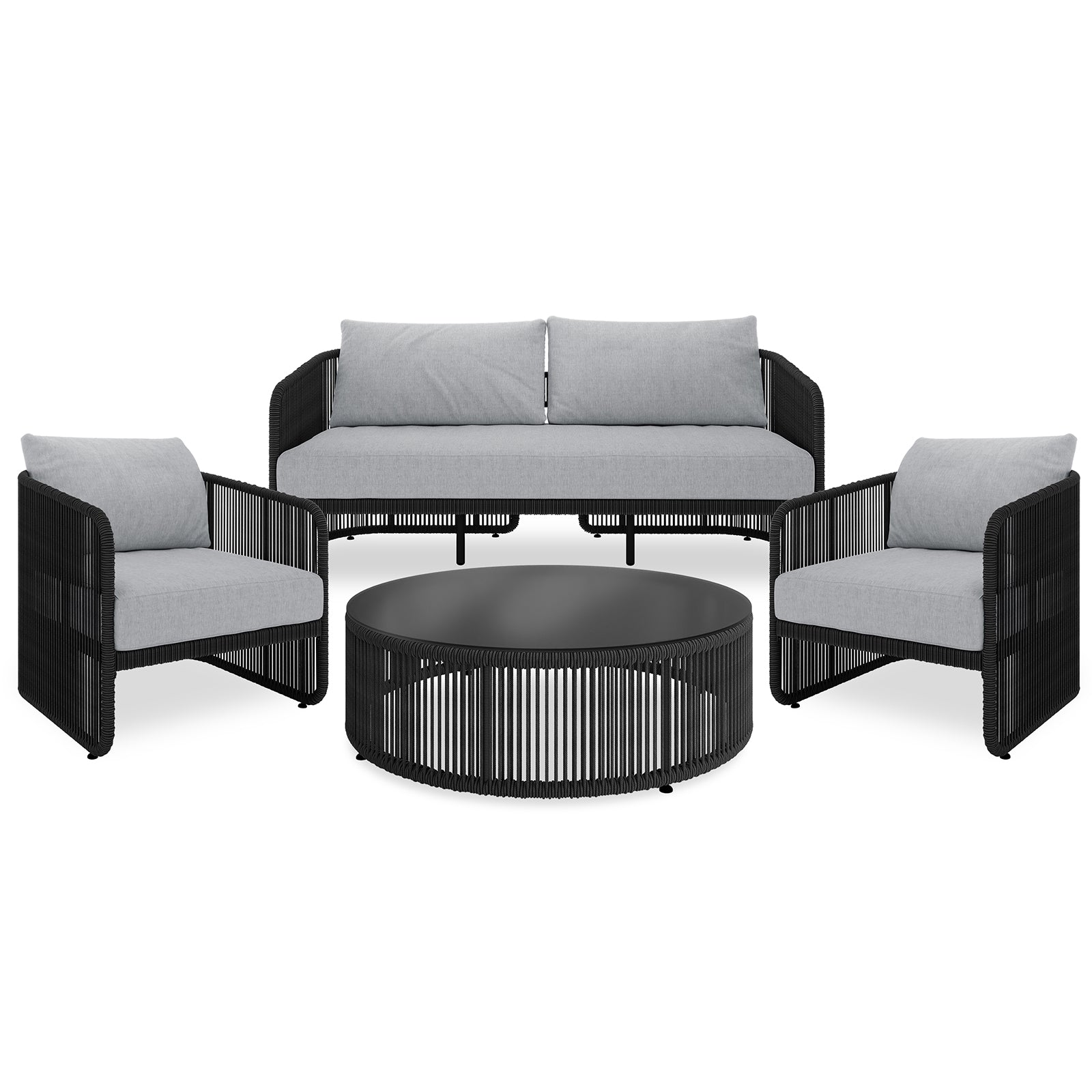 Solari 4 Seater Wicker Outdoor Sofa Set in Black features a sleek three-seat sofa, two matching armchairs with gray cushions, and a round coffee table with a black metal top and rope-slatted base.