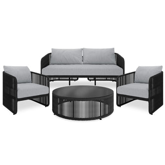 Solari 4 Seater Wicker Outdoor Sofa Set in Black features a sleek three-seat sofa, two matching armchairs with gray cushions, and a round coffee table with a black metal top and rope-slatted base.