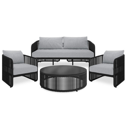 Solari 4 Seater Wicker Outdoor Sofa Set in Black features a sleek three-seat sofa, two matching armchairs with gray cushions, and a round coffee table with a black metal top and rope-slatted base.