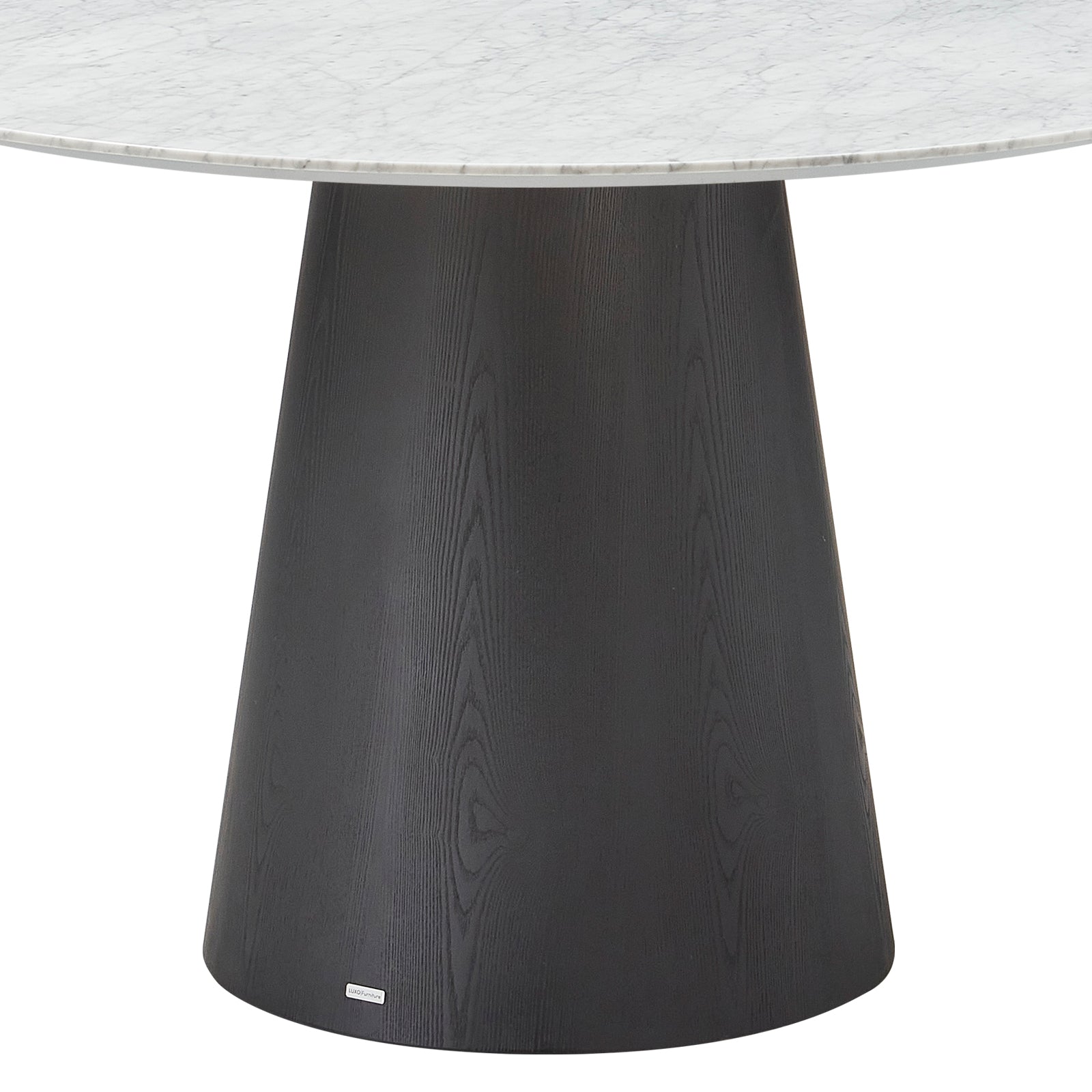 Dina 120cm Round Marble Dining Table in Carrara Black features a veined marble top and tapered black-stained wood base, creating a refined and inviting dining space with everyday luxury.
