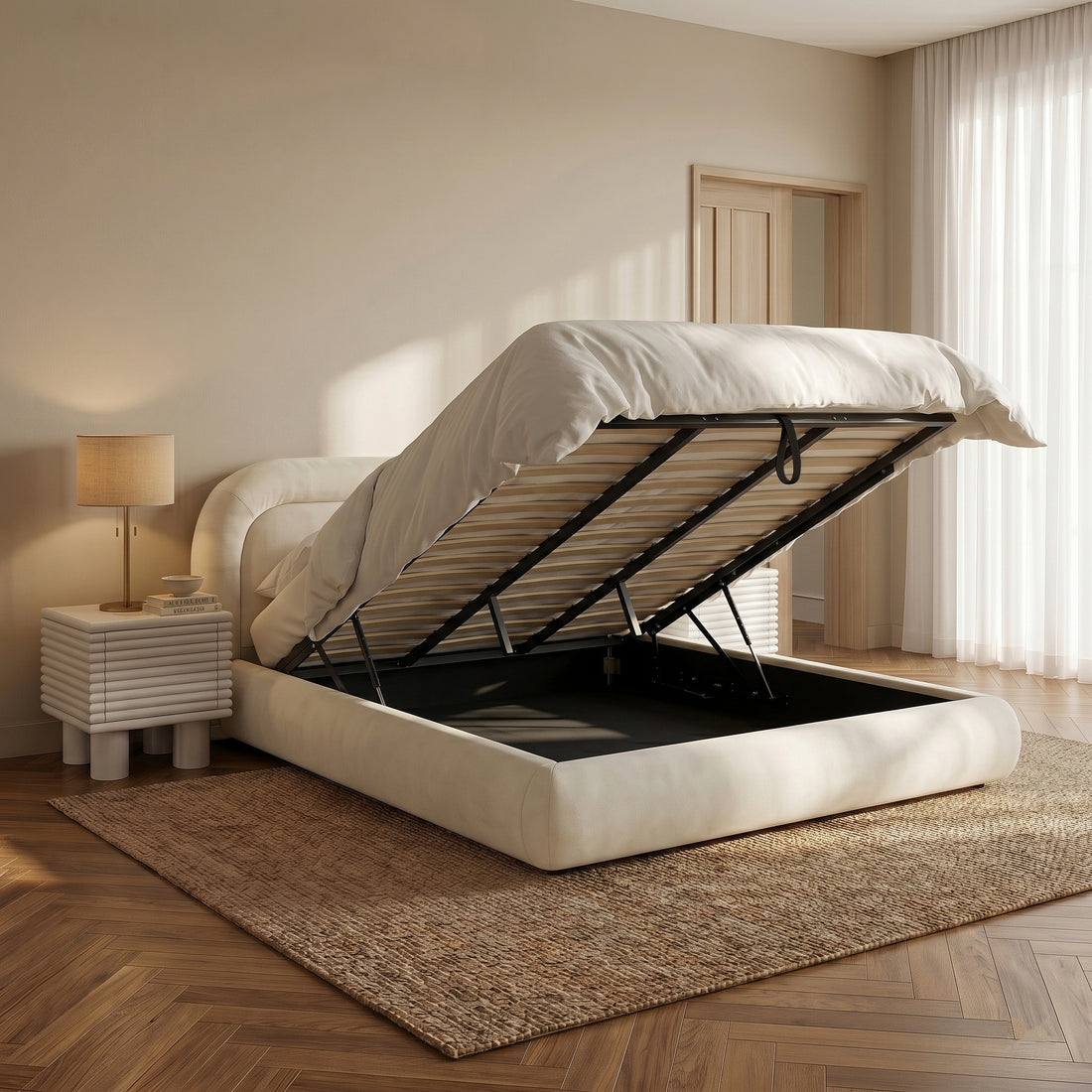 Upholstered storage bed with raised mattress platform in a warm modern bedroom