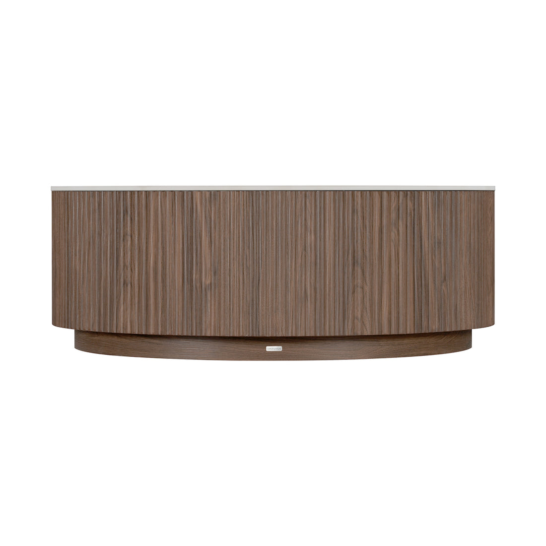 Contemporary curved wood console or sideboard on white background