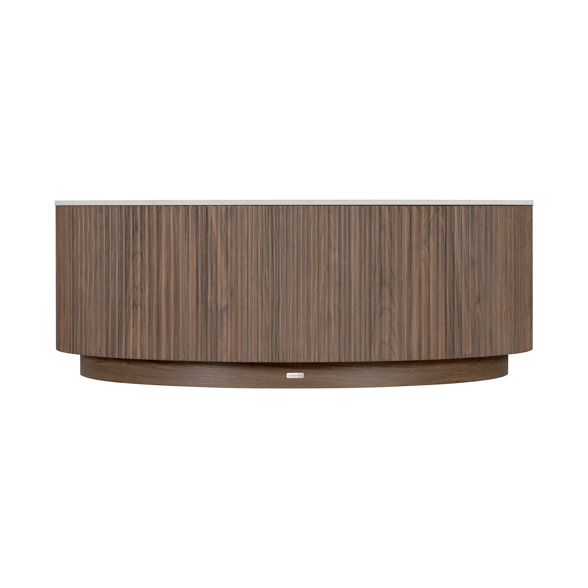 Contemporary curved wood console or sideboard on white background