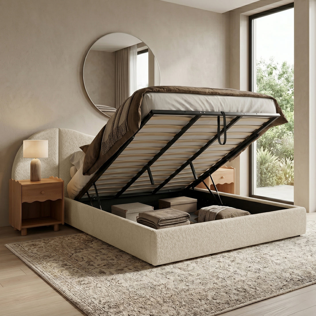 Bed with lift-up storage in a styled bedroom
